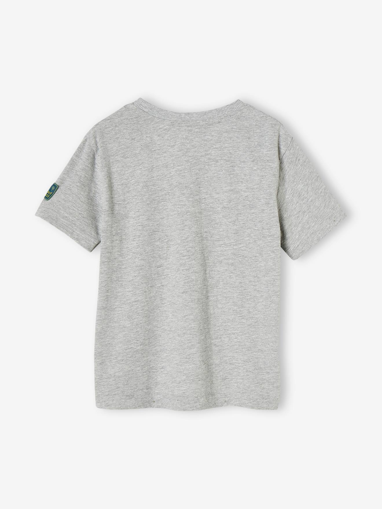 Camiseta infantil masculina com estampa de pochete, efeito ótico e bolso com zíper, na cor cinza mescla.