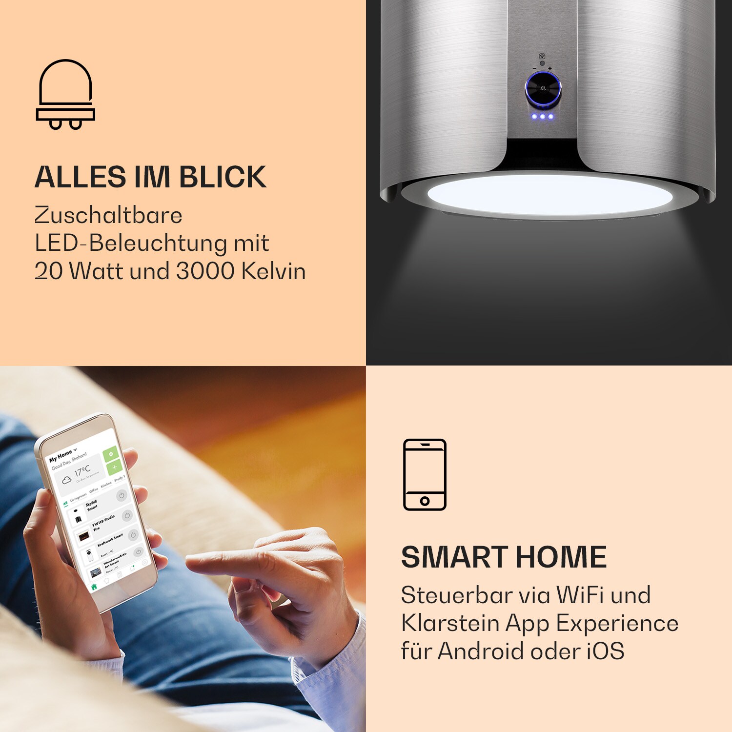 Skyfall Smart Inselabzugshaube Ø45cm Umluft 402m³/h LED Weiß/silber