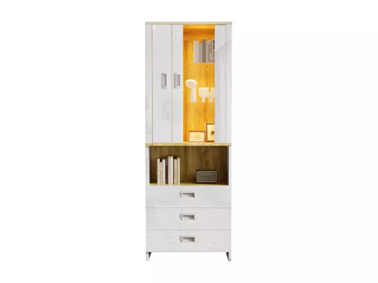 Vitrine avec LED intégré, 3 tiroirs, 2 portes, 1 niche - MDF et Panneau de particules - 65x35x181.5cm