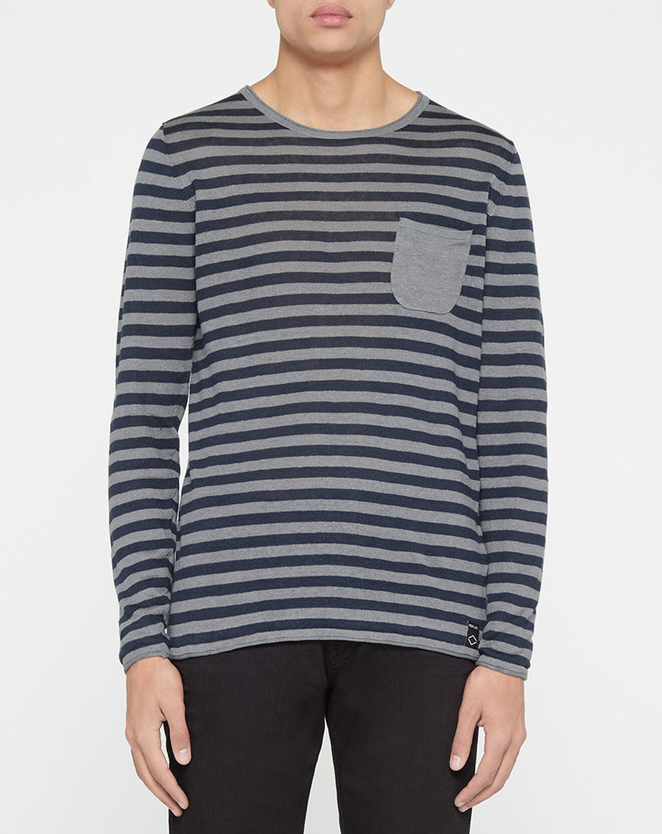 Replay Pull 100% Lin pocket à rayures bleu/gris