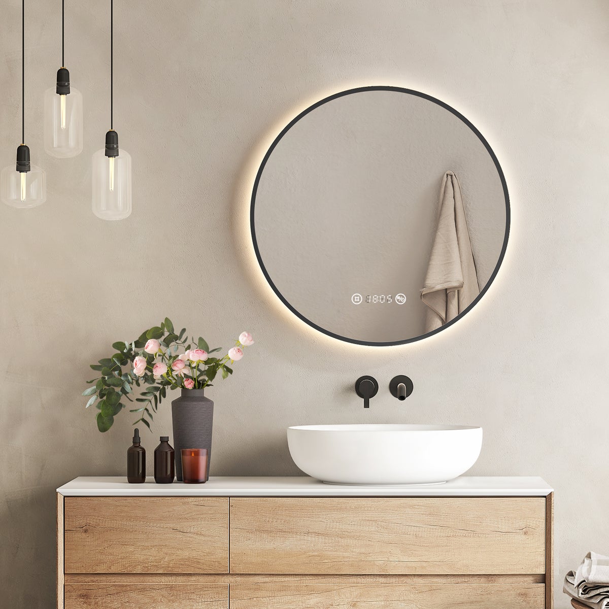 EMKE LED badkamerspiegel, Ø 60cm, zwarte rand, anti-condens, klok, temperatuurweergave, dimbaar, geheugenfunctie, neutraal licht