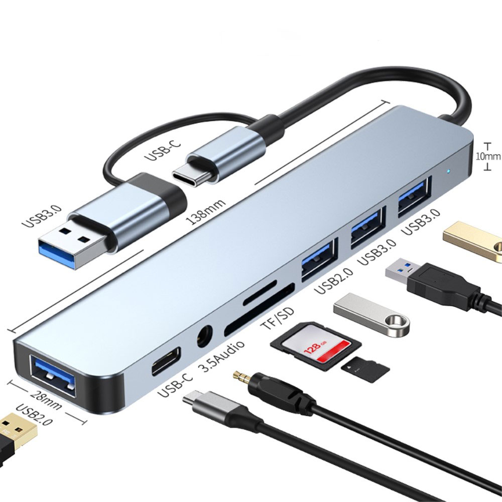 (5 Gbit/s) Alu USB C / USB 3.0 Multiport Adapter HUB mit USB C / 4x USB A / SD & Micro SD Kartenlesegerät / 3.5mm Klinken Anschluss - Grau