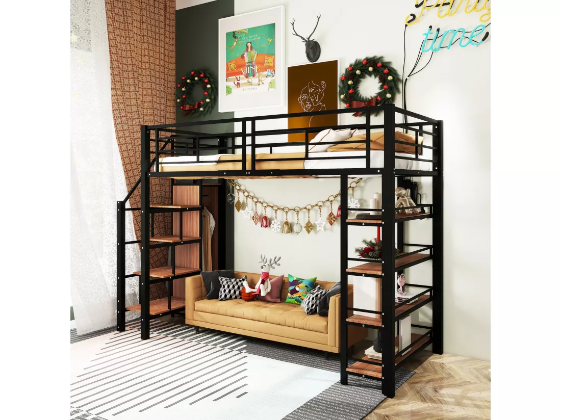 Lit mezzanine 90x200 cm - avec petite armoire et étagères de rangement - Noir