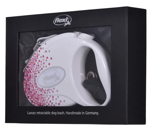 FLEXI Glam Splash Pink with Swarovski crystals M - Fleksibel hundesnor - 5 m - hvid