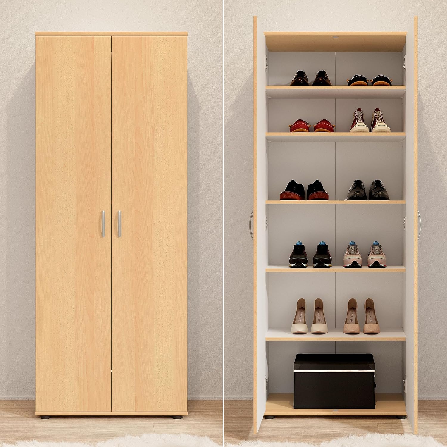 TALENT 3 Schuhschrank hoch, Buche Optik - Vielseitiger Mehrzweckschrank mit verstellbaren Einlegeböden - 70 x 176 x 35 cm (B/H/T)