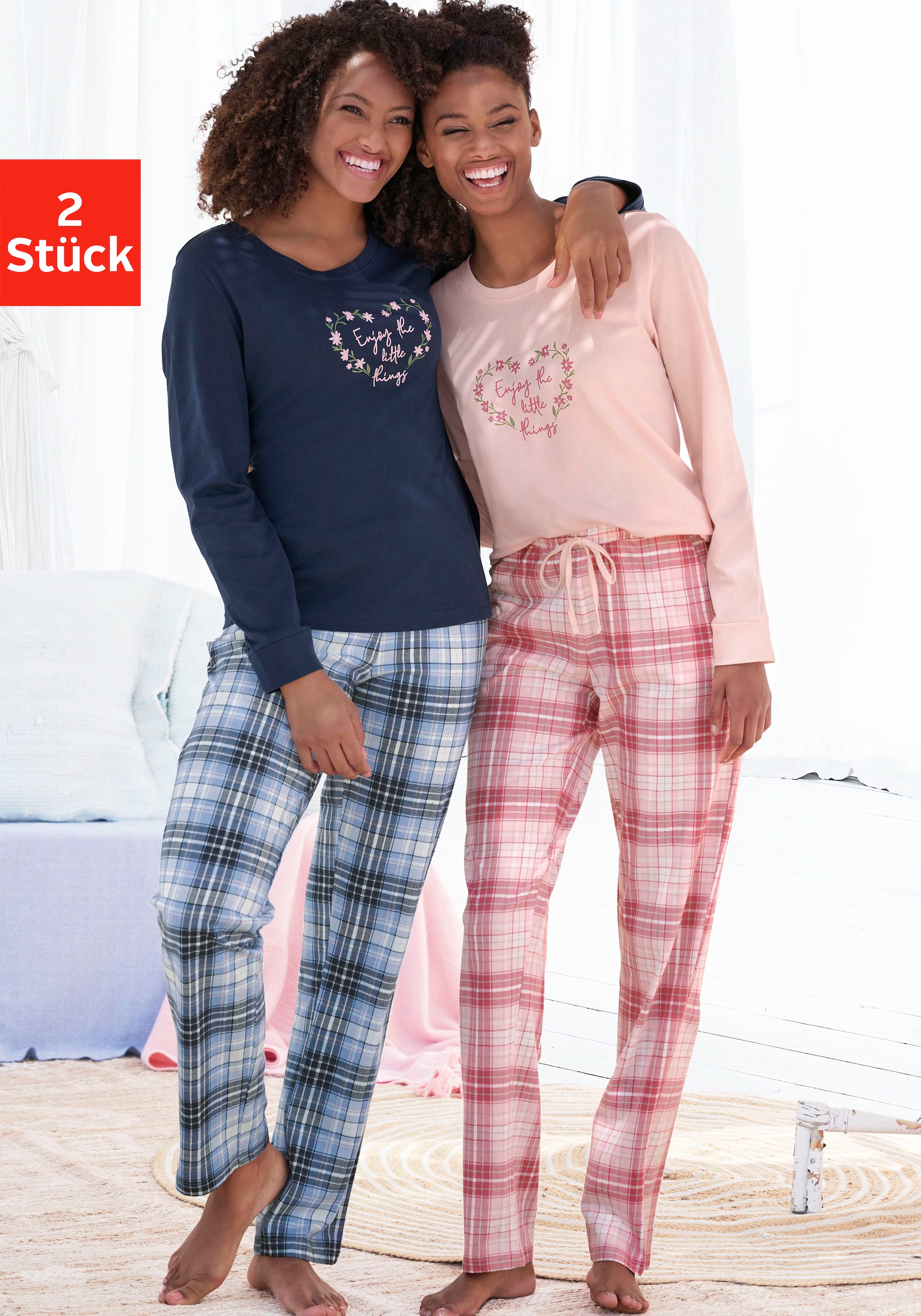 Vivance Dreams Pyjama 2 Stück, 4 Stk. tlg., mit Karo- und Blumendruck im Doppelpack