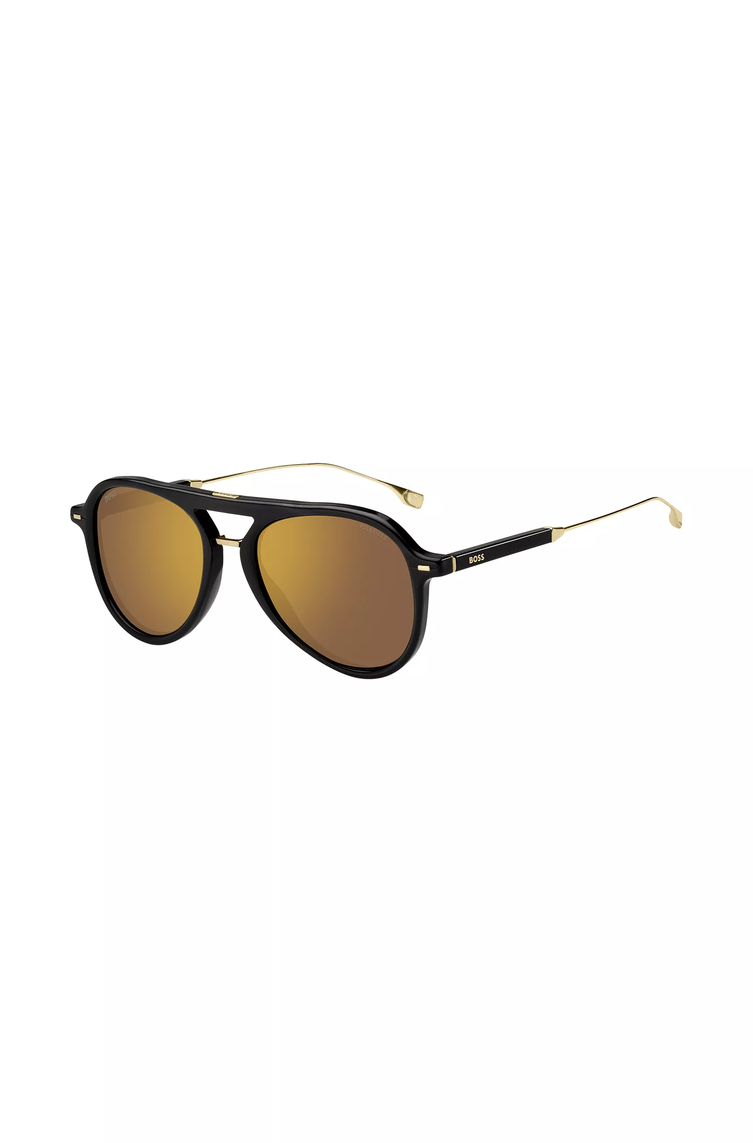 Óculos de sol BOSS em acetato preto com hastes de titânio.