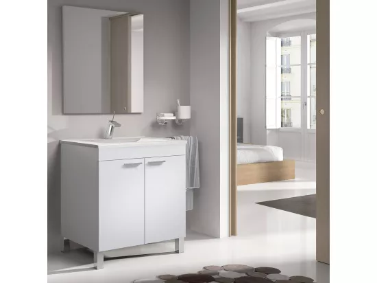 Meuble salle de bain Sous-vasque 60 cm avec 2 portes + Miroir couleur blanc brillant - Longueur 60 x Hauteur 80 x Profondeur 45 cm