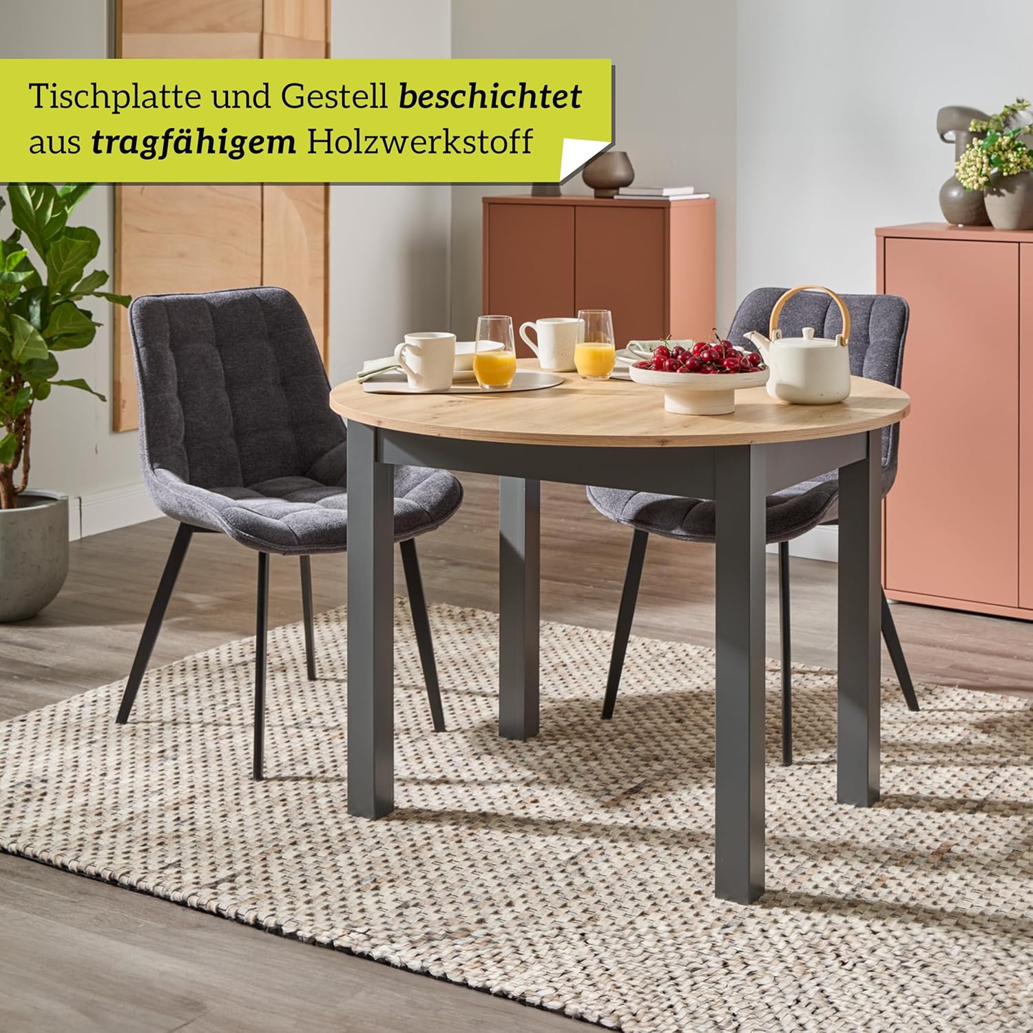 smart Esstisch Rund 100 cm Asteiche, Küchentisch ausziehbar bis 140 cm, Esszimmertisch aus Holzwerkstoff inkl. erweiterbare Auszugsplatte, moderner Tisch für bis zu 6 Personen