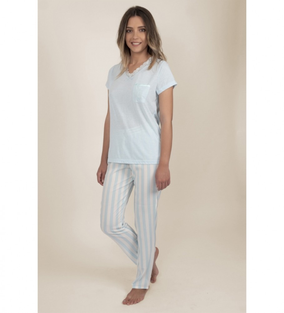 Pijama feminino Admas com listras clássicas e manga curta, azul.