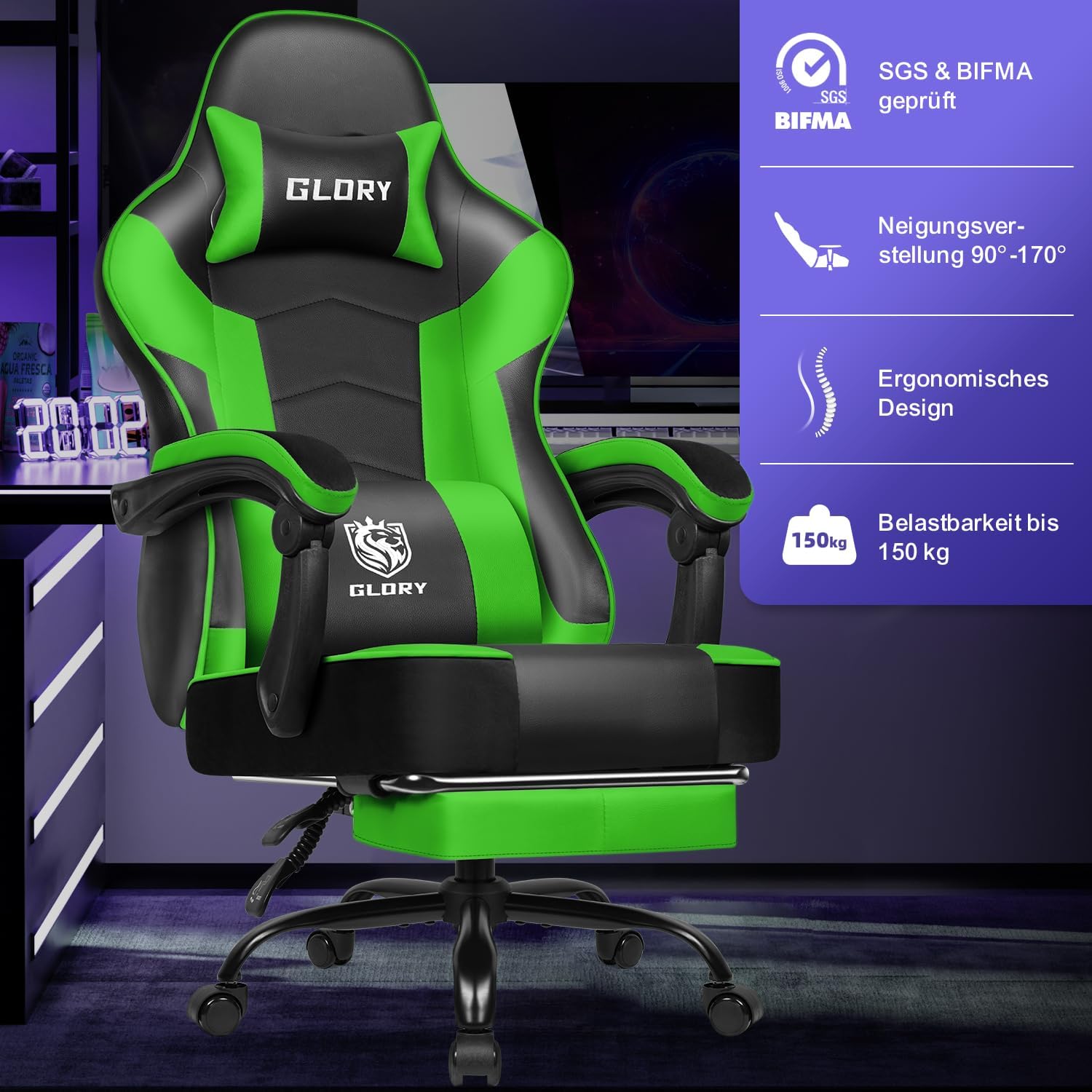 Gaming Stuhl Ergonomischer mit Fußstütze, Gaming Chair Bürostuhl 150 kg Belastbarkeit, Gamer Stuhl aus Kunstleder, Höhenverstellbarer PC Zockerstuhl für Jugendliche Erwachsene, Grün