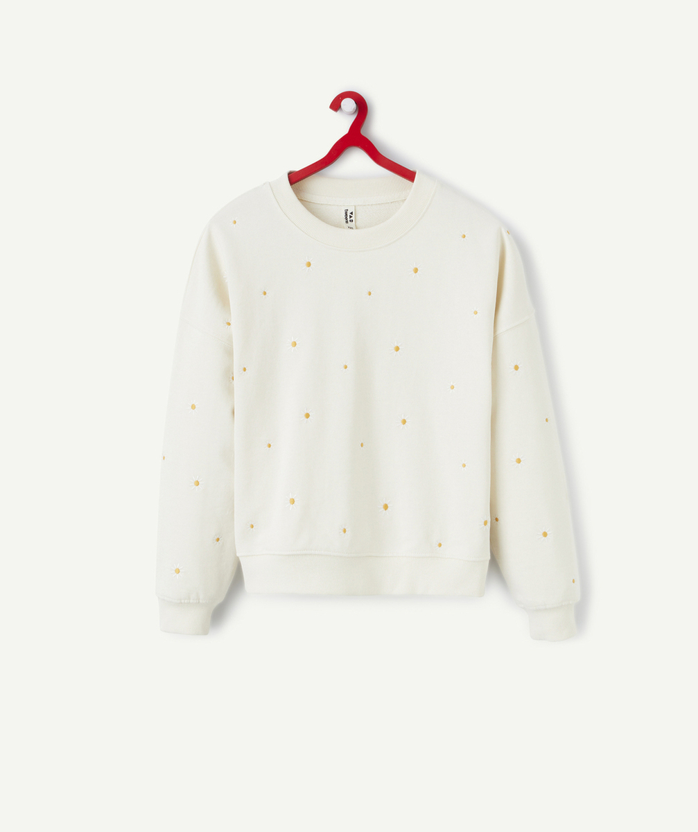 sweat manches longues fille en coton bio écru avec broderies marguerites