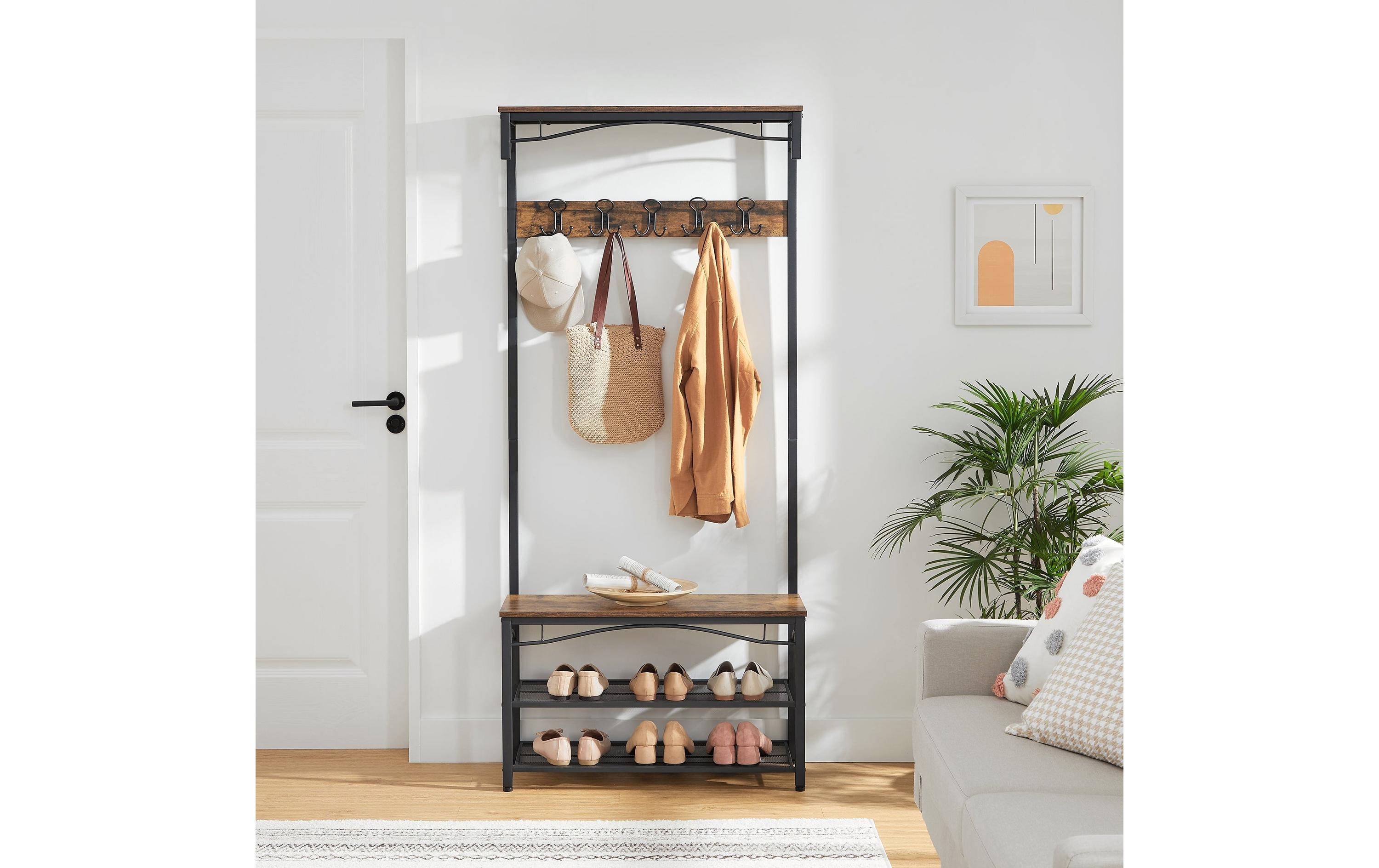 Garderobe mit Schuhregal 178.5 cm, Braun/SchwarzKleiderständer mit Sitzbank