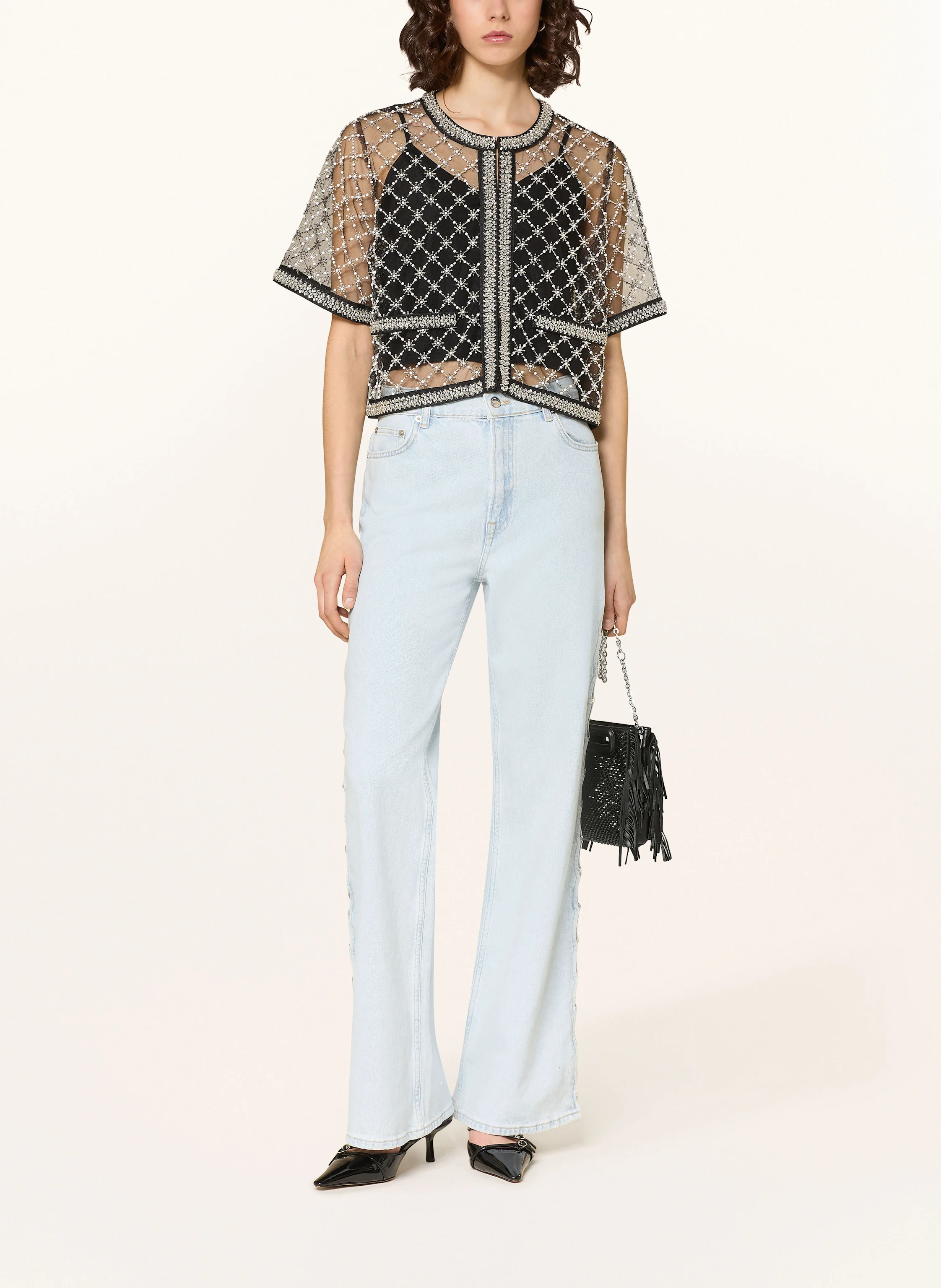 maje Jeans mit Cut-outs und Schmucksteinen