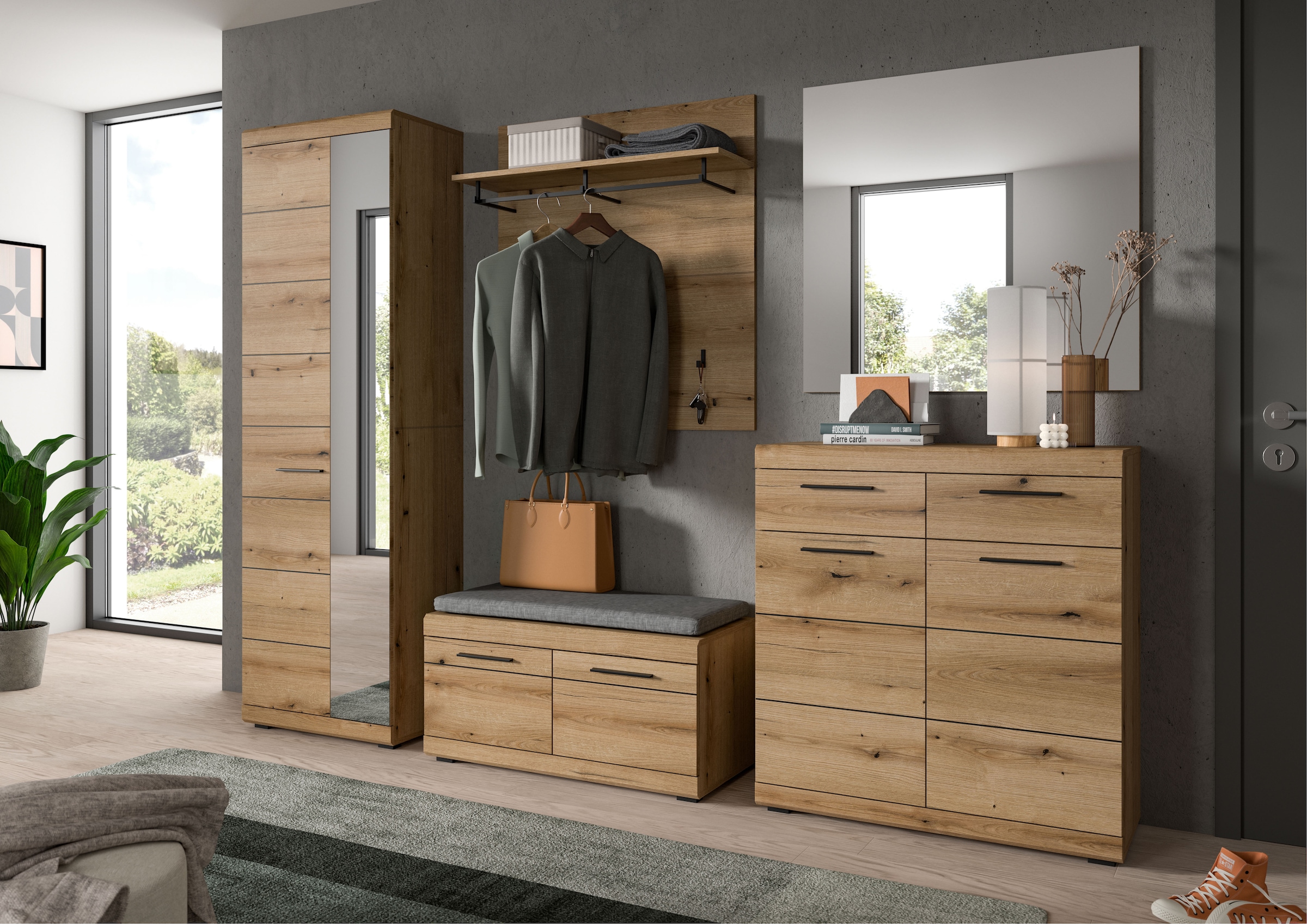INOSIGN Garderoben-Set »SIENA, Breite 272 cm, 6-tlg., individuell stellbar, inkl. Sitzkissen« Komplett-Set, Garderobenschrank, Sitzbank, Sitzkissen, Paneel,Schuhschrank & Spiegel, 5 Stk. tlg.