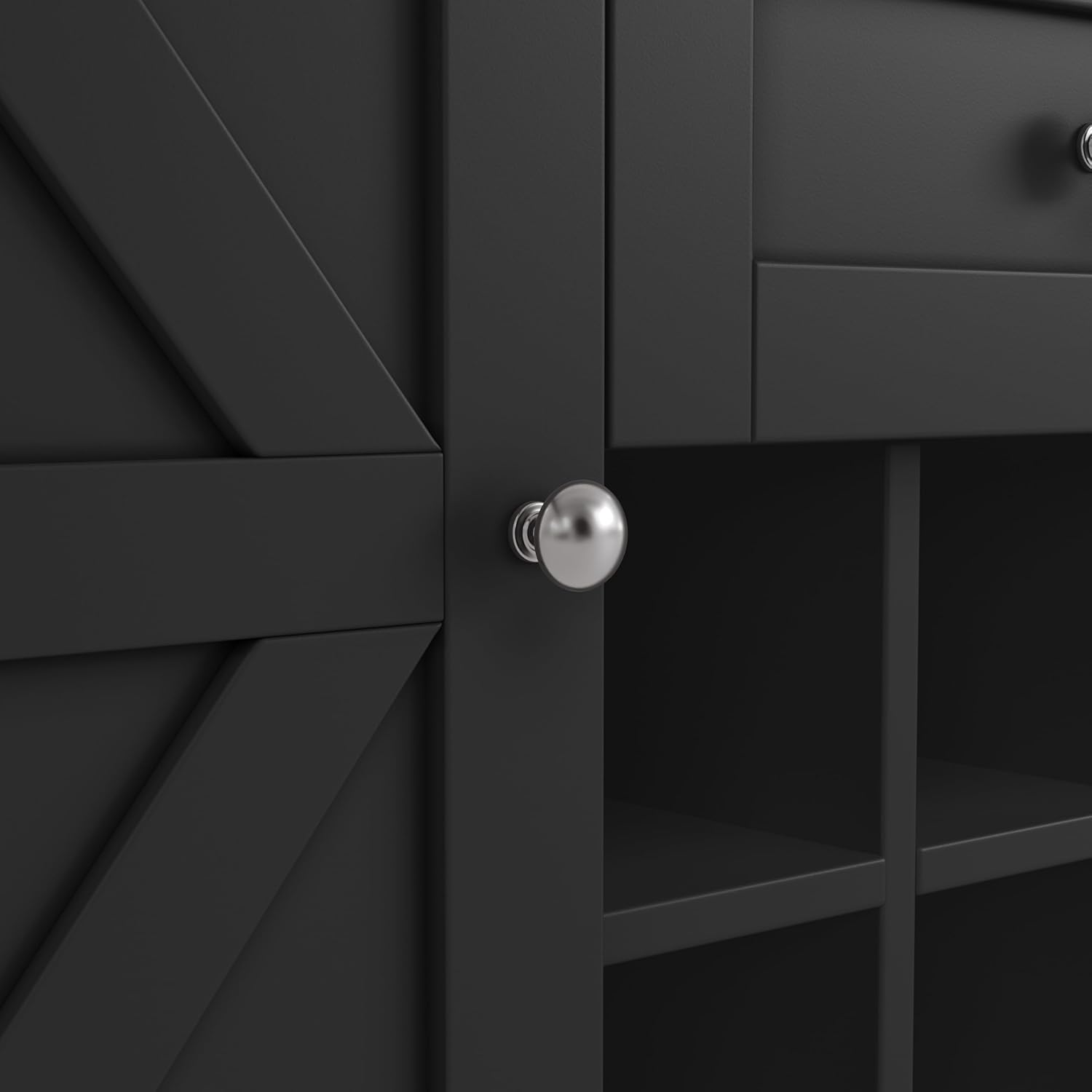 Küchenschrank mit verstellbaren Ablagen & Weinregal, Hochschrank Küchenbuffet mit 4 Türen & 2 Schubladen, Sideboard für Küche & Wohnzimmer, Buffetschrank, Schwarz
