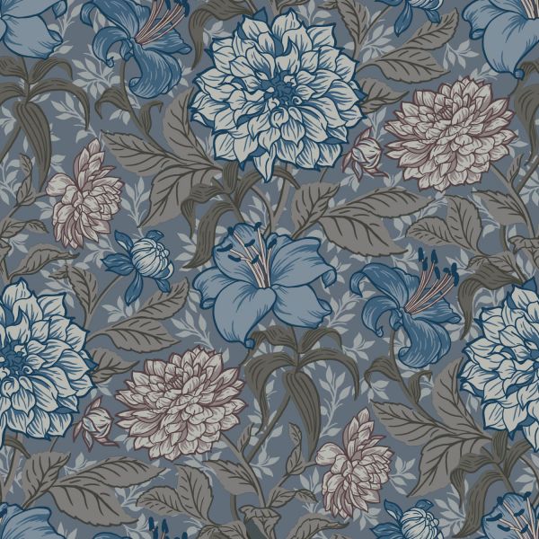 Estahome Vintage Bloemen Behang V - 0,53 x 10,05 m - Vergrijsd Blauw / Warm Grijs