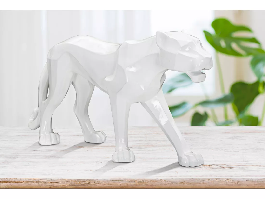 Sculpture géométrique de panthère blanche, 70x18x32,5 cm - Statue moderne inspirée du cubisme en résine