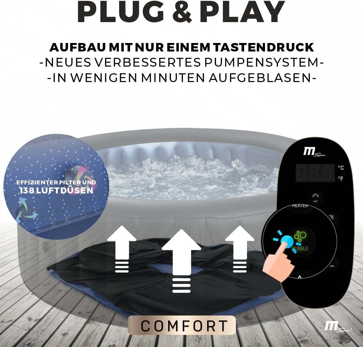 Miweba MSpa Whirlpool Outdoor | Bergen 6 Personen Pool - Spa ⌀ 204.0 cm - Hot Tub - Aufstellpool mit Fernbedienung - Aufblasbarer Whirlpool - Swimmingpool aufblasbar - 138 Düsen - 1429 Liter (6 Pers.)