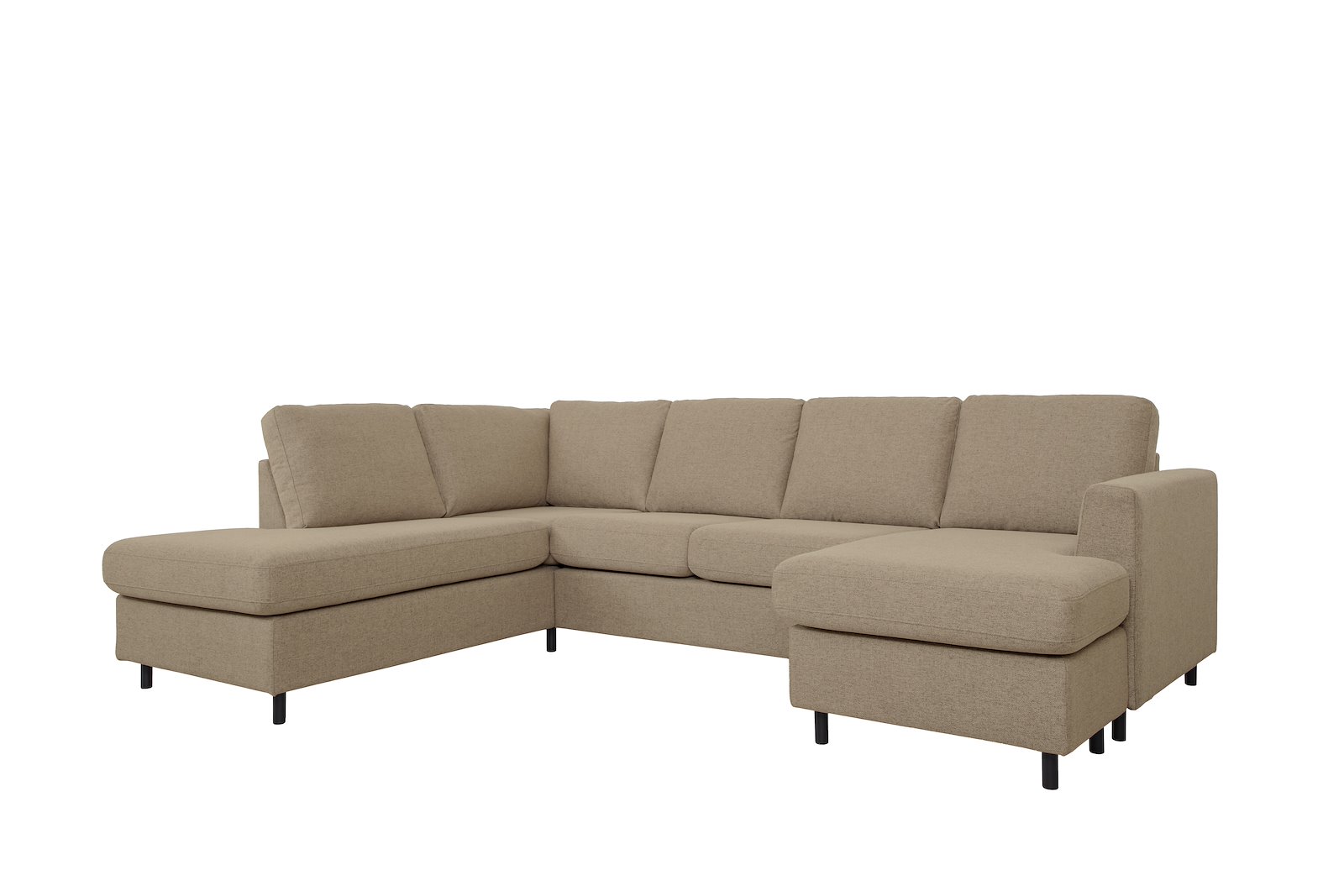 Oslo Plus U-sofa Åpen ende venstre med 2-seter og sjeselong høyre. Tekstil Neve 16 Dark Beige med sorte ben