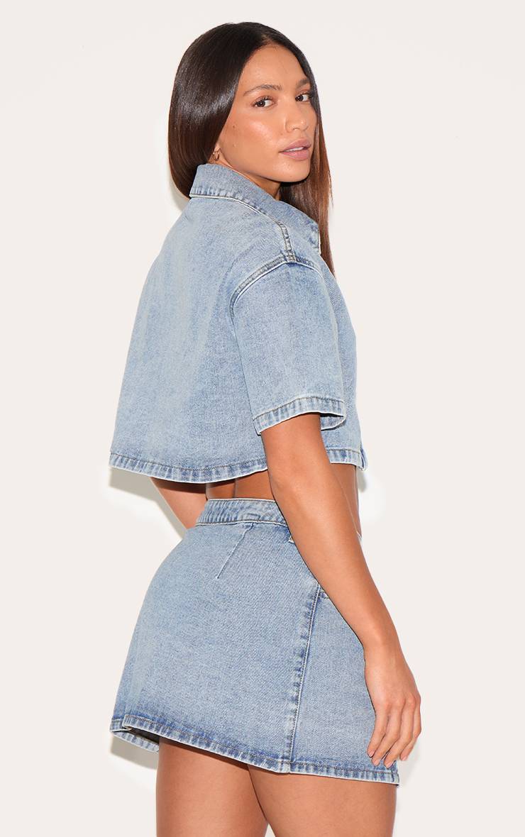 Délavage Vintage Chemise En Jean Courte À Manches Courtes Boutonnée Pour Grande Taille