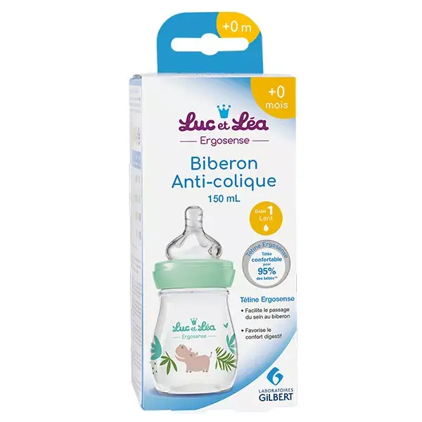 Mamadeira de plástico Luc and Léa Green com estampa de hipopótamo, 150ml
