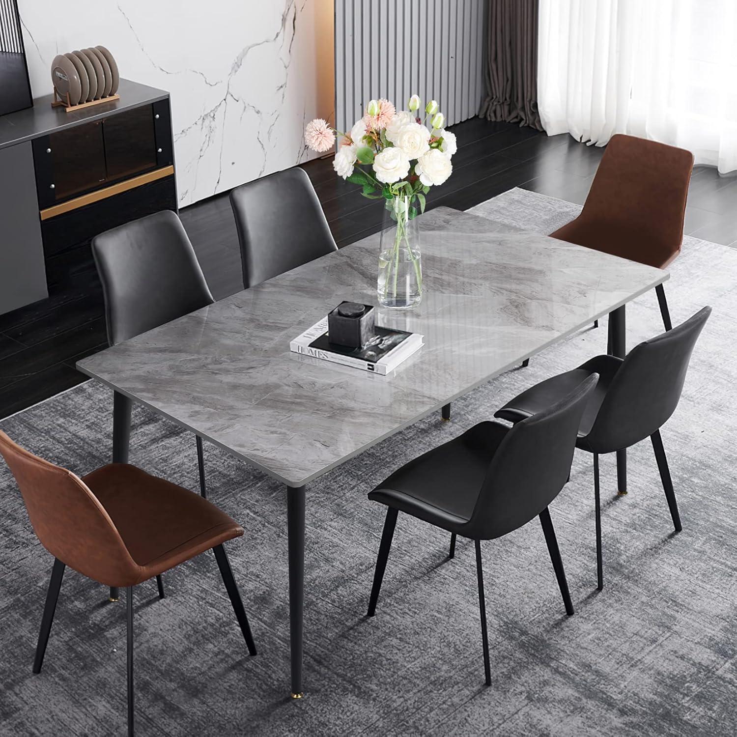 FATIVO Esszimmertisch Marmor Esstisch 120x70cm, Küchentisch klein 4 Personen schmaler Esstisch einfach Wohnzimmer Grau Hochglanz Skandinavisch Tische für Esszimmer Restaurant Metall Tischbeine