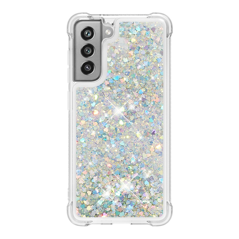 Samsung Galaxy S21 FE 5G Hardcase Hülle mit Air Cushion Fallschutz Liquid Case Glitzer Herzen - Silber / Transparent