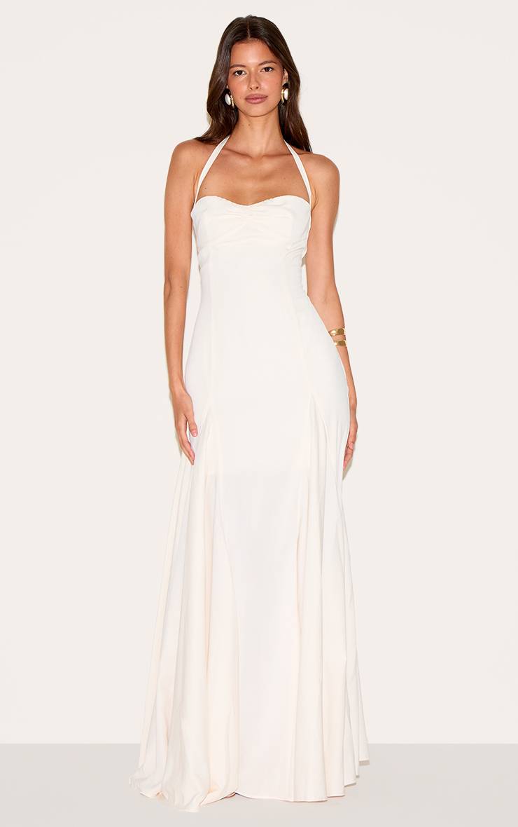 Crème Robe Longue Tissée À Encolure Américaine Avec Détail Froncé Au Buste
