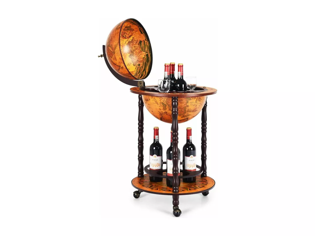 Bar globe terrestre vintage mappemonde en bois d'eucalyptus, 47 x 47 x 90cm