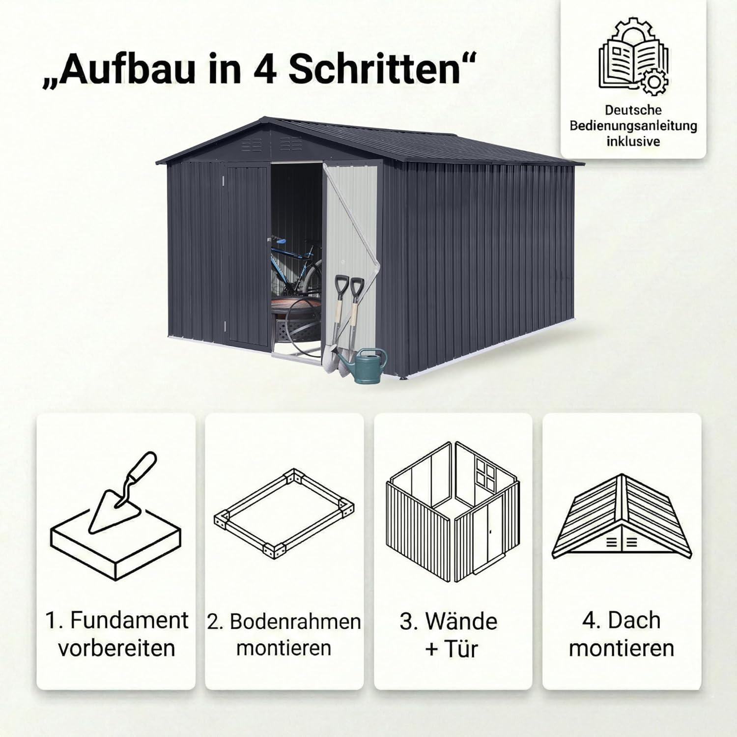 Albatros Gerätehaus 2XL | Anthrazit RAL 7016 | 259x313x192cm (15,5 m³) | abschließbar inkl. Schloss & Werkzeughaken | Gartenhaus aus verzinktem wetterfestem Metall | Geräteschuppen Gartenschrank