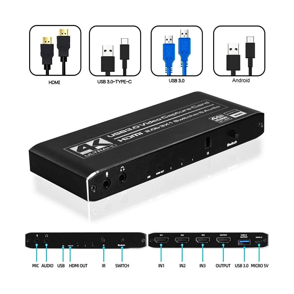 NÖRDIC HDMI Switch 3 til 1 med videoopptakskort HDMI2.0 4K60Hz USB3.1 Mikrofon og lydutgang HDMI Signalløkkeutgang HDR HDCP2.2 EDID RGB8: 8:8
