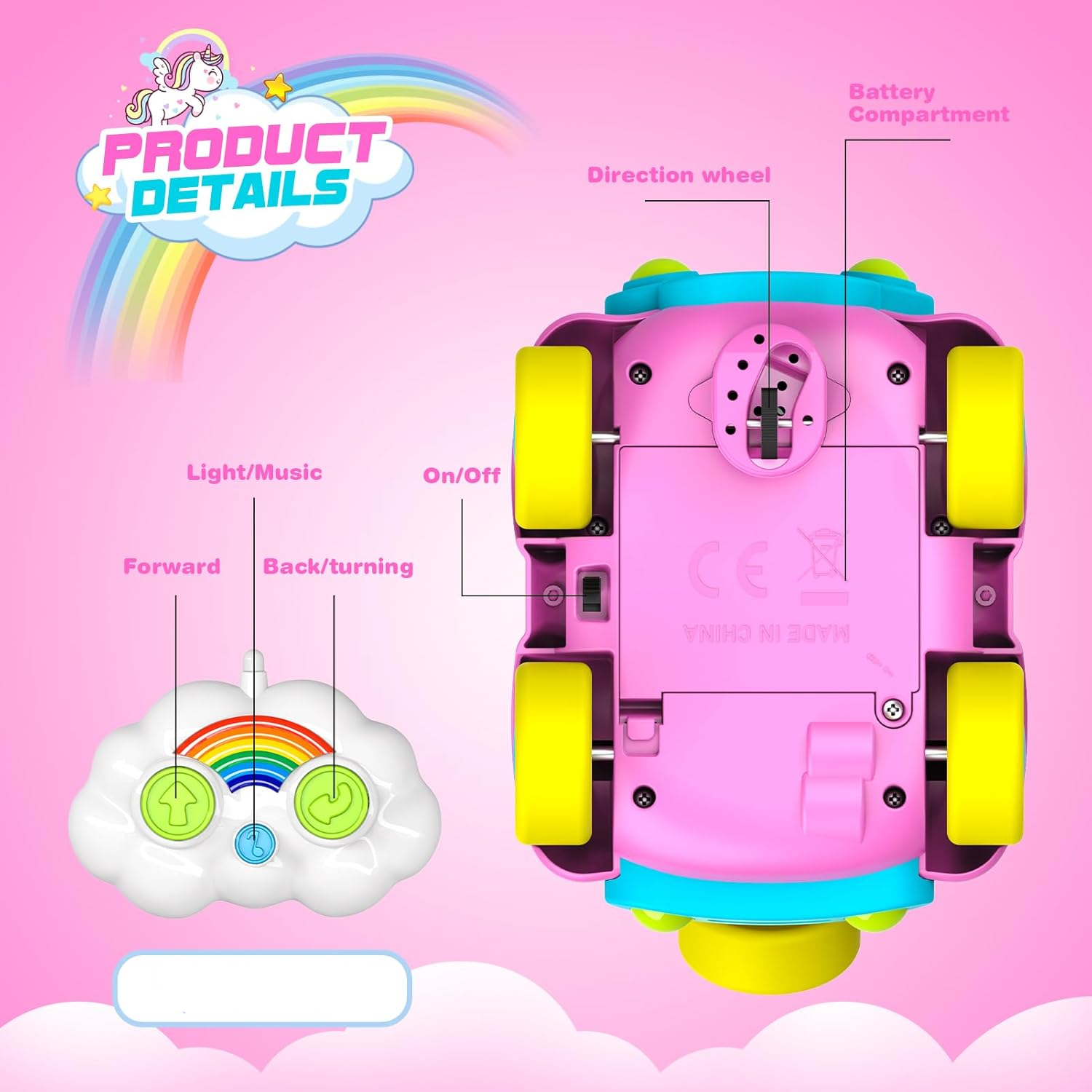 (4-tlg. Set) 14cm Ferngesteuertes 2.4GHz RC Kinder Spielzeug Auto Unicorn Car mit LED Licht   Musik (Batteriebetrieben) - Einhorn