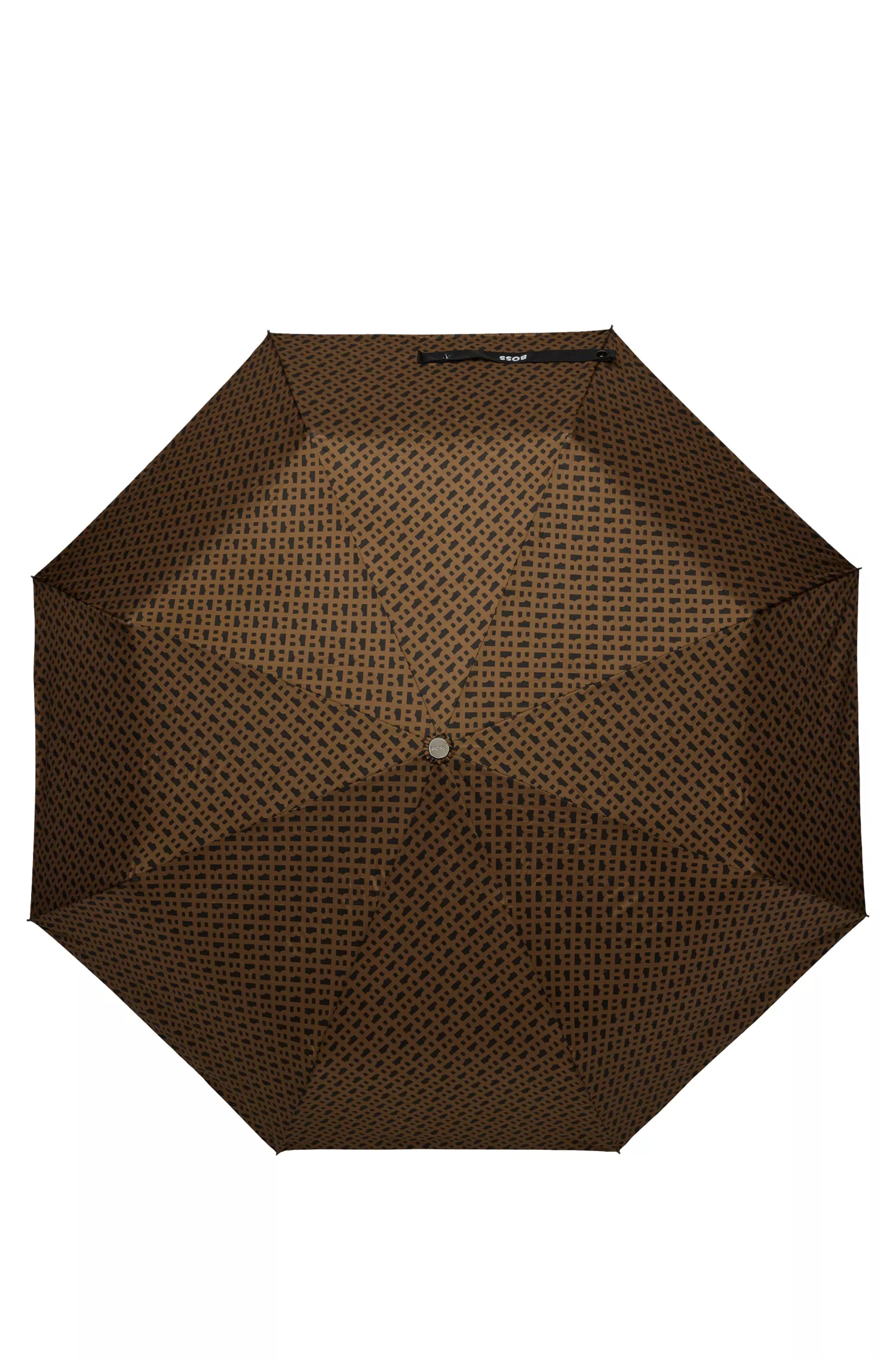 Guarda-chuva BOSS com monograma em preto e camelo e alça com logotipo.