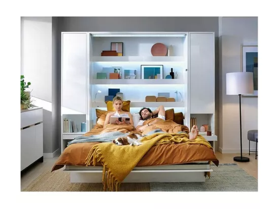 Lit escamotable vertical blanc mat avec 2 armoires de rangement Noby-Avec Led-120x200