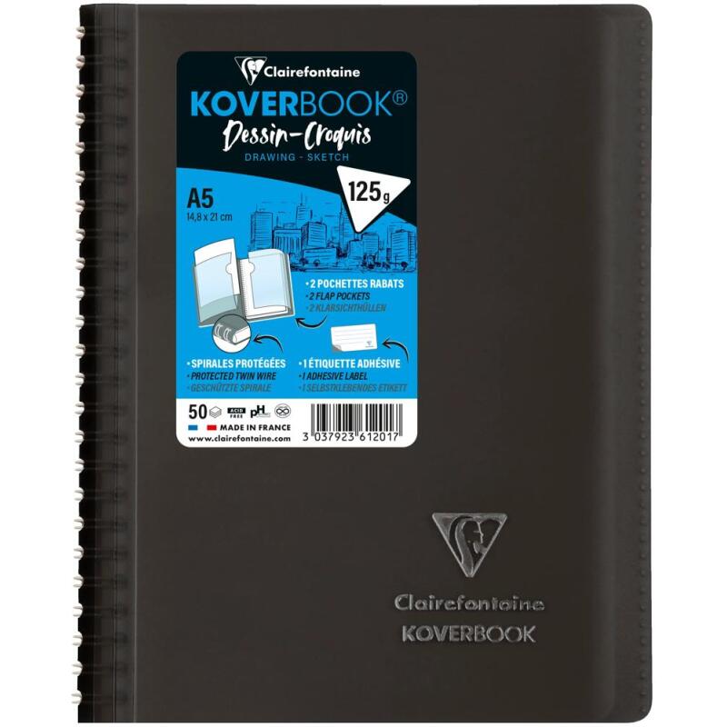 Carnet dessin/croquis Koverbook reliure intégrale enveloppante A5 100 pages papier blanc 125 g couverture polypropylène transparent - Assortis