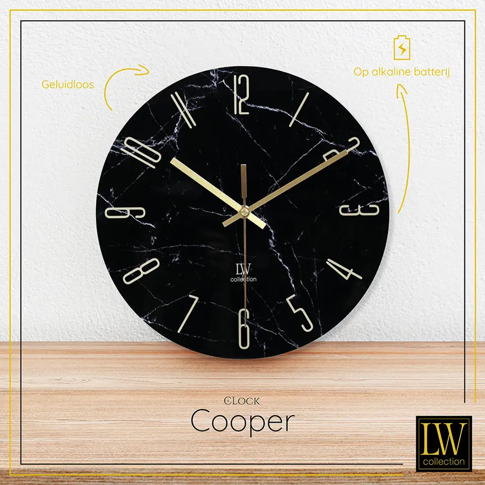 LW Collection Keukenklok Cooper zwart marmer 30cm