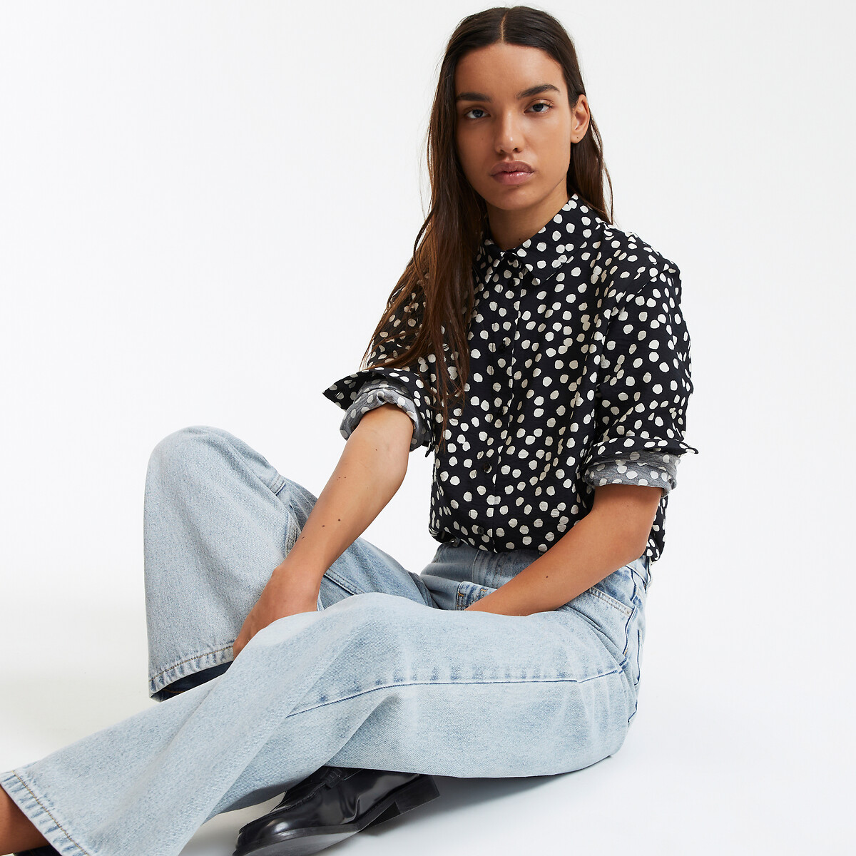 COLEÇÃO LA REDOUTE<br>Camisa fluida, estampa de bolinhas, mangas compridas