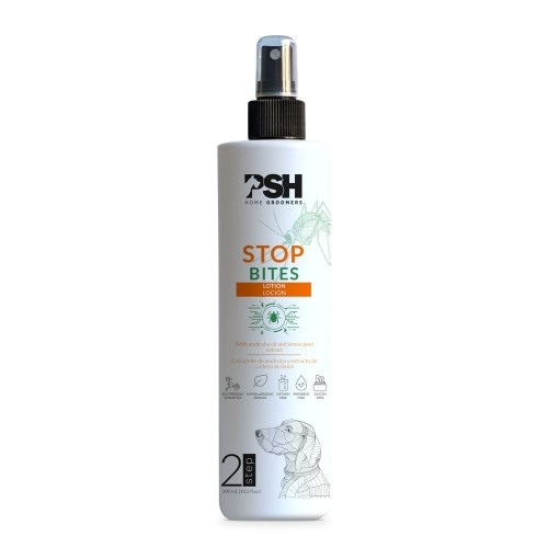 Loção Stop Bites da PSH COSMETICS, branca, para cães.