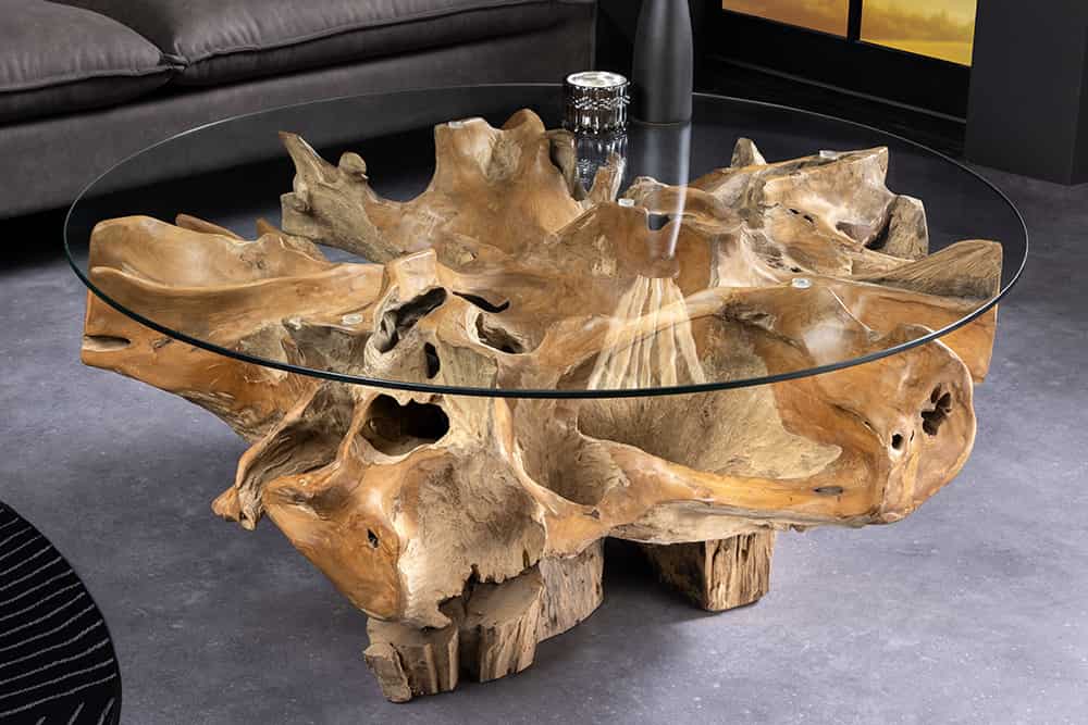 Runder Couchtisch ROOT 100cm natur Teak Massivholz aus Wurzelholz mit Glasplatte