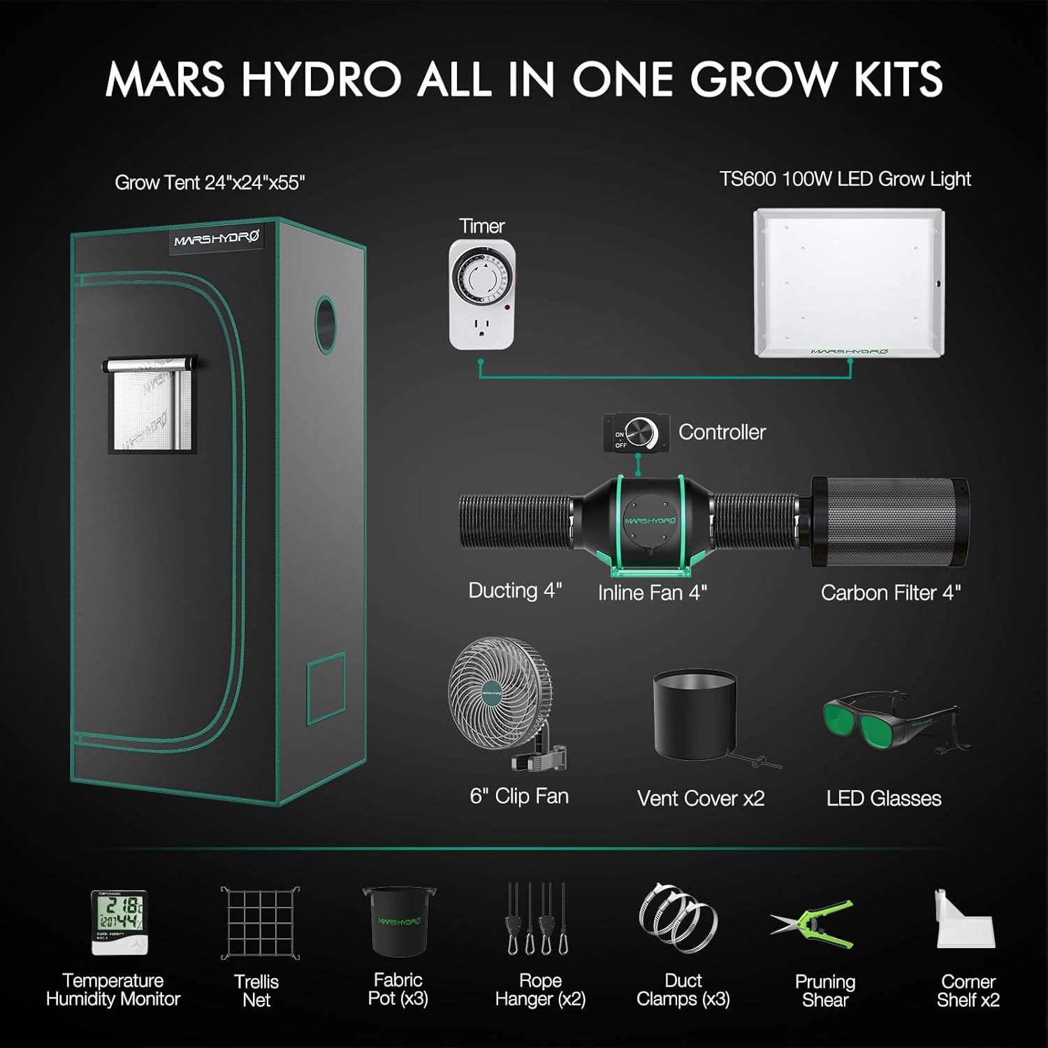 Mars Hydro TS600 Growzelt Komplettset Led Grow Tent Kit LED Grow Light Grow Lampe 60X60X140cm Indoor Grow Set, Growzelt Komplettset