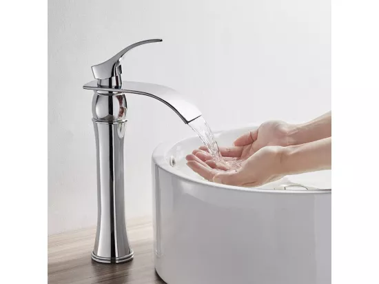 Mitigeur Lavabo Cascade Robinet Lavabo/Vasque Haute Bec Moocommand,Chromé+Bonde Lavabo Bonde Pop-up avec Trop-plein Automatique Universelle