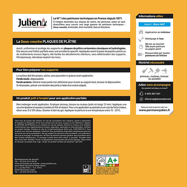 Sous-couche Plaques platre murs et plafonds pièces sèches Julien Mat Blanc 10L
