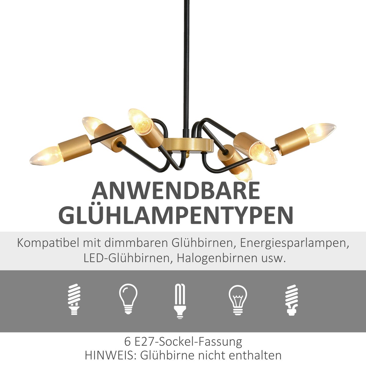 HOMCOM hanglamp, 6-lamps, in hoogte verstelbaar, met E27-fitting, Ø48 x 120 cm, metaal, zwart+goud
