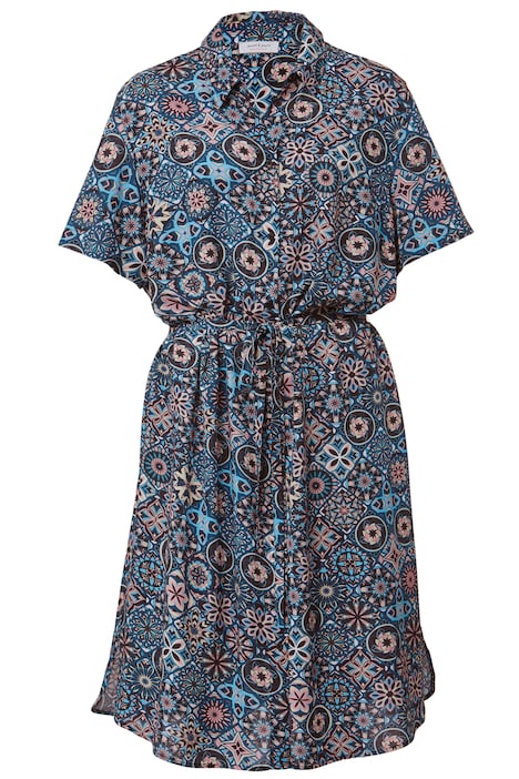 Midikleid, Alloverdruck, Hemdkragen, Knopfleiste, Bindegürtel, Halbarm