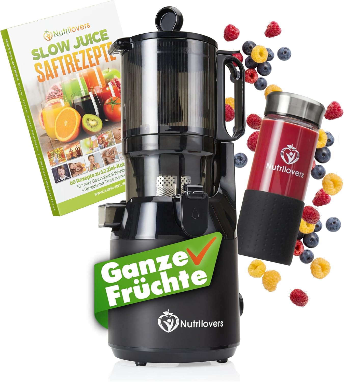 Nutrilovers Entsafter Slow Juicer NUTRI-PRESS MAX Ganze Früchte entsaften mit XXL 135 mm Öffnung, BPA-frei inkl. Saft-Flasche, Slow Juice Rezeptbuch