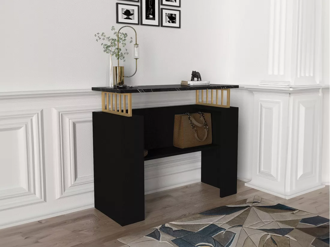 Console avec 1 étagère - Effet marbre noir et Doré - LIRIONA