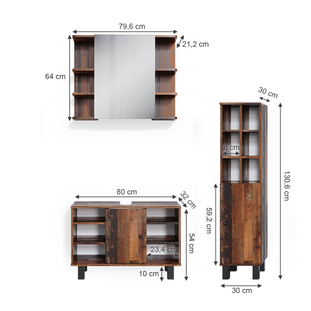 Vicco Badmöbelset Waschtischunter 80cm Spiegelschrank Midischrank große Tür Fynn
