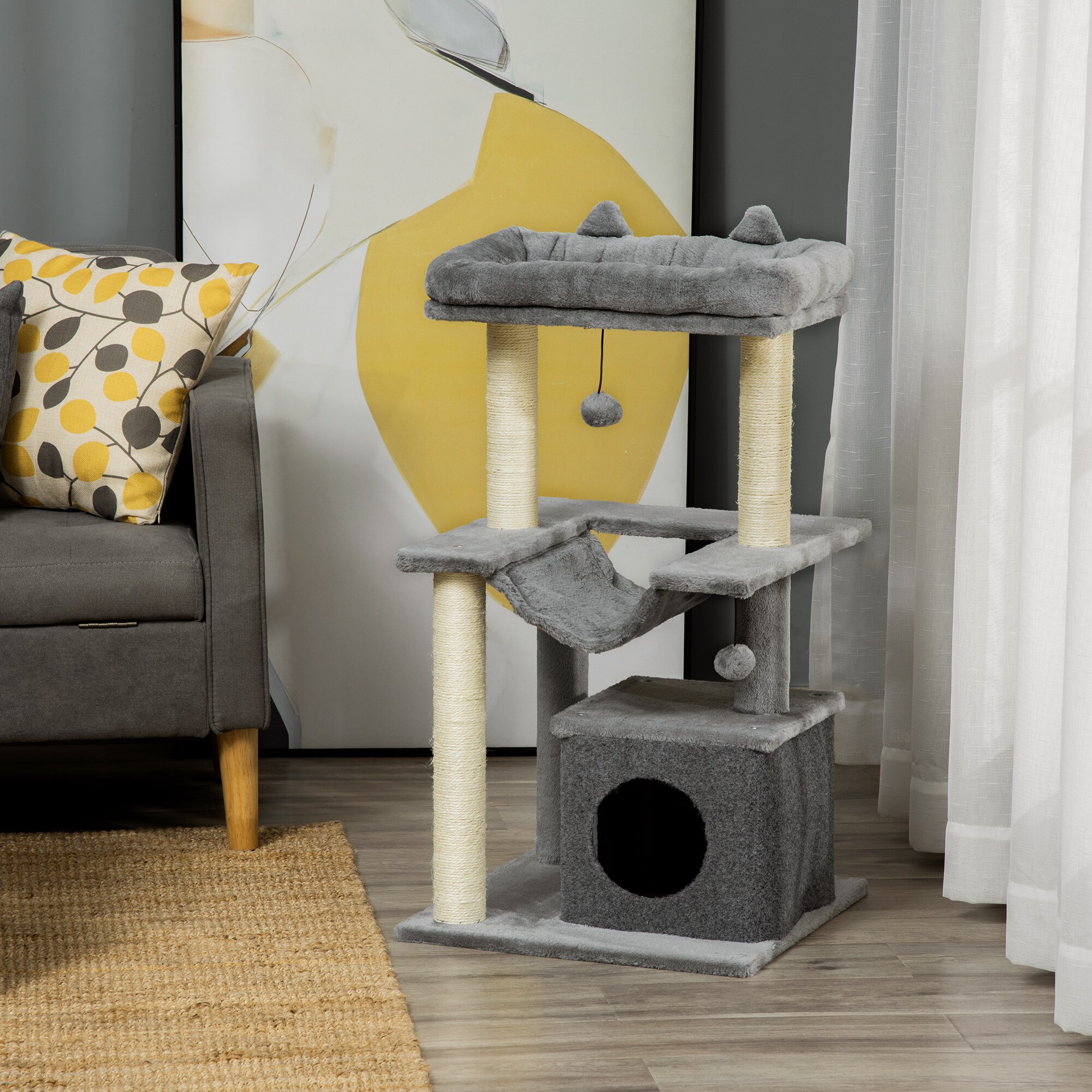 PawHut Kratzbaum mit Höhle grau 48L x 48B x 100H cm