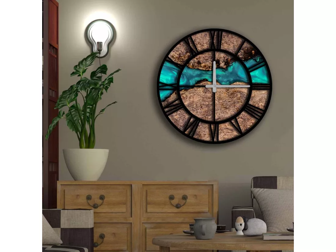 Horloge décorative MDF bleu et ocre